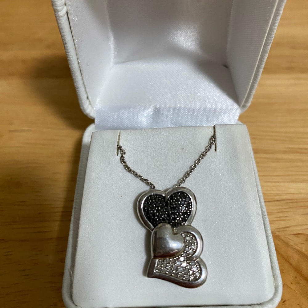 Black & white diamond sterling silver heart pendant necklace